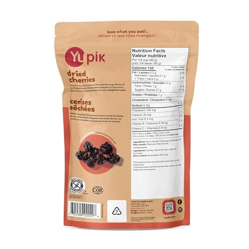 Yupik Dried Cherries, 185 g, Gluten-Free, Kosher, Dried Fruits, Tart & Sweet Whole Cherries, Pitted, Healthy Snacks, Source of Vitamin A and Vitamin C