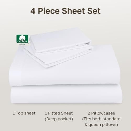 California Design Den 100% Cotton Sheets for Queen Size Bed Sheets with Deep Pocket, Queen Sheet Set with Sateen Weave, Cooling Sheets (White) — view 3