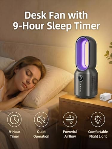 Let'me 13 Inch Desk Fan for Bedroom, Small Quiet Bladeless Fan with Night Light, 3 Speeds USB Powered Cooling Fan, 9-Hour Sleep Timer Table Fan for Office, Nightstand, Personal — view 4
