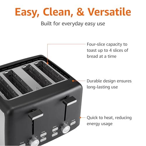 Amazon Basics 4 Slice Toaster, 7 Browning Settings, Extra Wide Slots for Bagels and Specialty Breads, Removable Crumb Tray, Cancel/Defrost/Bagel Buttons, 1500W, Black & Silver — view 3