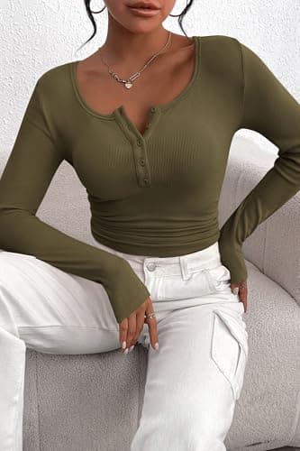 PRETTYGARDEN Women's 2026 Fall Long Sleeve Henley T Shirts Button Ribbed Knit Slim Fit Basic Tops Blouse Casual Outfits (Army Green,Small) — view 7
