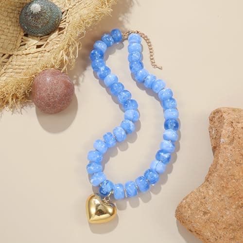 Wassazi Blue Chunky Beaded Necklace for Women, Colorful Acrylic Bead Statement Puff Heart Pendant Necklace, Cute Boho Y2K Choker Necklace for Gift Jewelry — view 5
