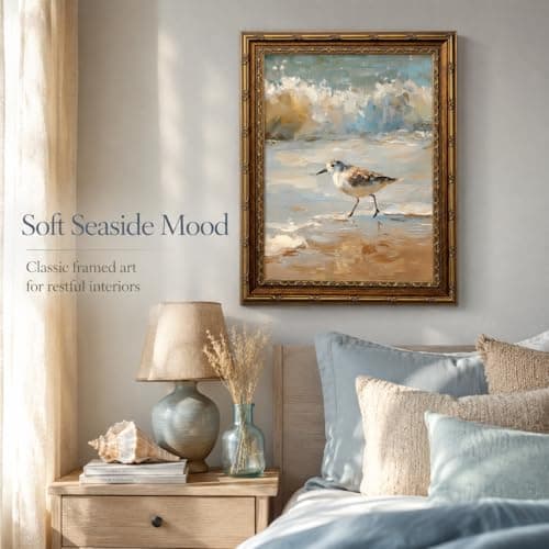 Vintage Framed Coastal Wall Art,Beach Sandpiper Bird Oil Painting, Antique Gold Ornate Frame, Seaside Ocean Waves Canvas Decor for Beach House, Bathroom, Living Room 11" L x 9" W — view 6