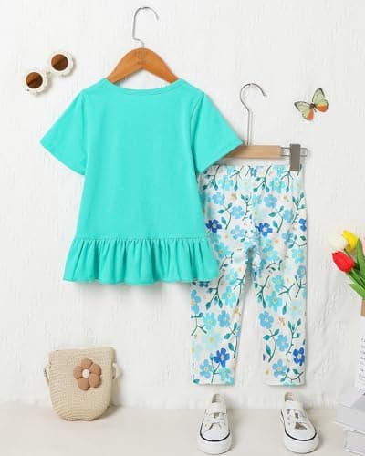 SOLOYEE Toddler Girl Clothes 2-7T Girls Outfit, Short Sleeve Ruffle Bowknot Top + Floral Capri Pants 2Pcs Spring Summer Set — view 7