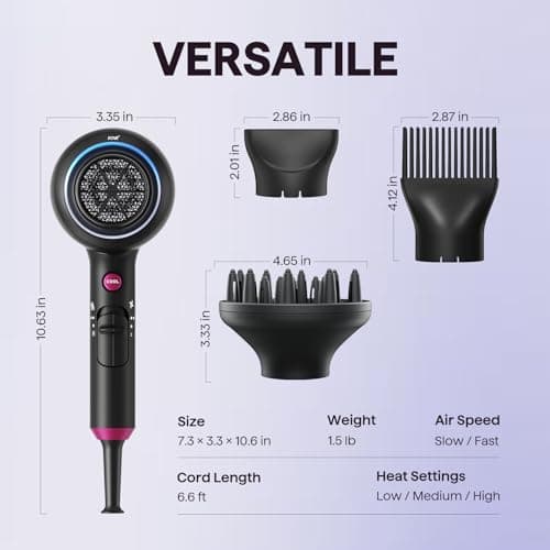 Wavytalk Hair Dryer with Diffuser, Blown Away Ionic Hair Dryer for Curly Hair with Comb, 1875W Fast Drying Blow Dryer with Ceramic Technology, 3 Attachments for All Hair Types, Light and Quiet, Black — view 5