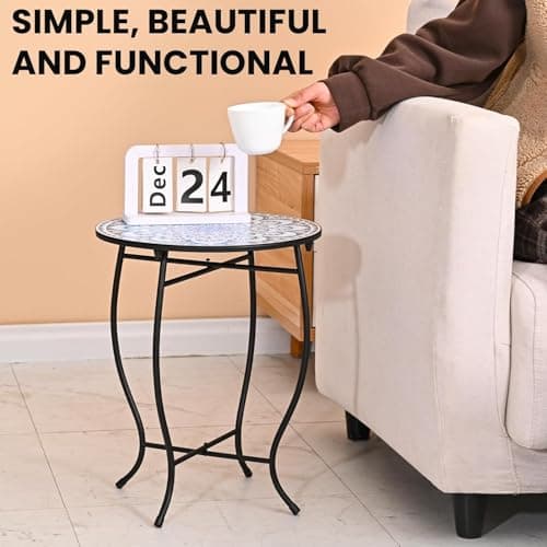 17" Tall Patio Side Table, 14 Inch Round Side Table, Weather Resistant Anti-Rust Metal Indoor Outdoor Side Table for Patio Yard Porch Balcony Garden Bedside, Blue — view 2