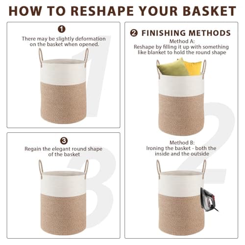 OIAHOMY Large Laundry Basket Hamper - 60L Cotton Rope Woven Basket for Blankets, Toys, Clothes - Tall Decorative Nursery Hamper with Long Handles, Brown/White — view 6