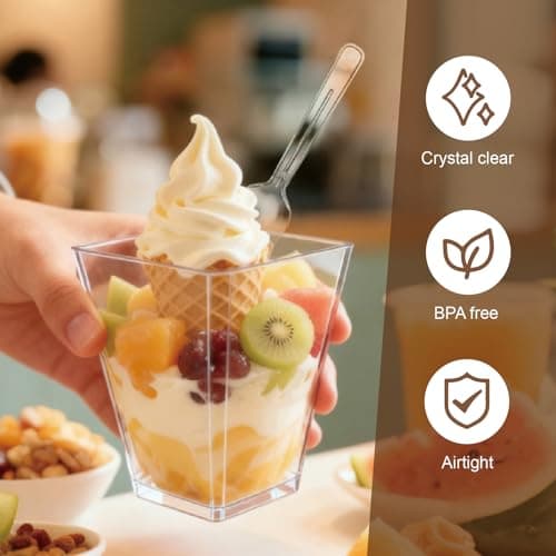 GGYKJSK 50 Pack 5 oz Clear Dessert Cups with Lids, Small Plastic Containers with Spoons, Reusable Shooter Yogurt Parfait Appetizer, Cup for Pudding Jello and Fruit Cake, Ice Cream — view 5