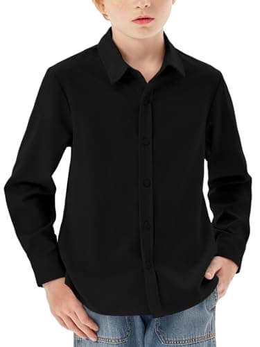 Haloumoning Boys Long Sleeve Dress Shirts Kids Classic Collared Button-Down Shirt School Uniform Shirts 5-14 Years, Black, 9-10 Years