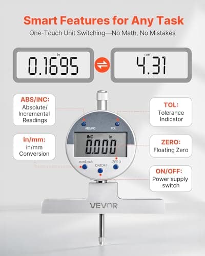 VEVOR Depth Gauge, Depth Micrometer Digital Electronic Indicator 0-22 inch Measuring Range, 0.0005" Resolution, Precision Unit Conversion with 4 Anvils, Measuring Tool for Groove, Step, Hole — view 2