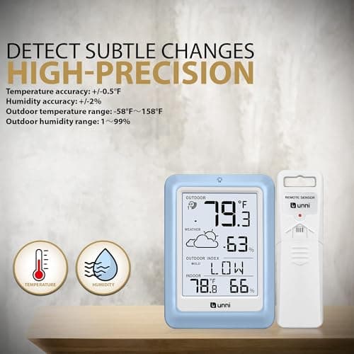 Indoor Outdoor Thermometer Hygrometer Wireless Weather Station, Temperature Humidity Monitor Battery Powered Inside Outside Thermometers with 330ft Range Remote Sensor and Backlight Display（LBLU01） — view 4