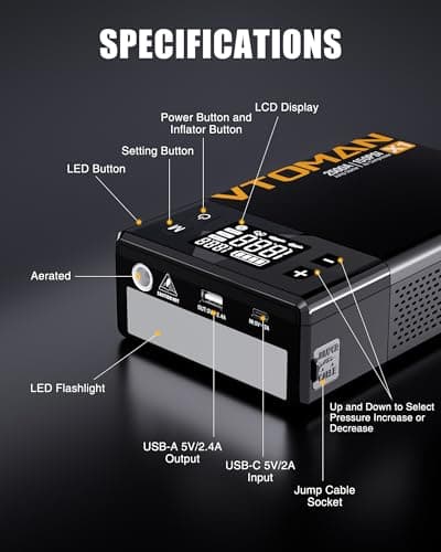 VTOMAN X1 Jump Starter with Air Compressor, 2500A Portable Battery Booster (Up to 8.5L Gas/6L Diesel Engines) with 150PSI Digital Tire Inflator, 12V Power Pack Car Jump Box Charger with LCD Display — view 7