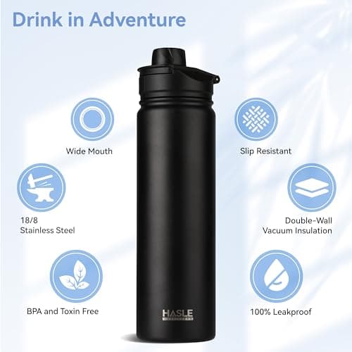 HASLE OUTFITTERS Insulated Water Bottle 22 oz Double Wall Stainless Steel Water Bottle Wide Mouth with Straw Lid & Spout Lid Keeps Cold or Hot(Black,1)