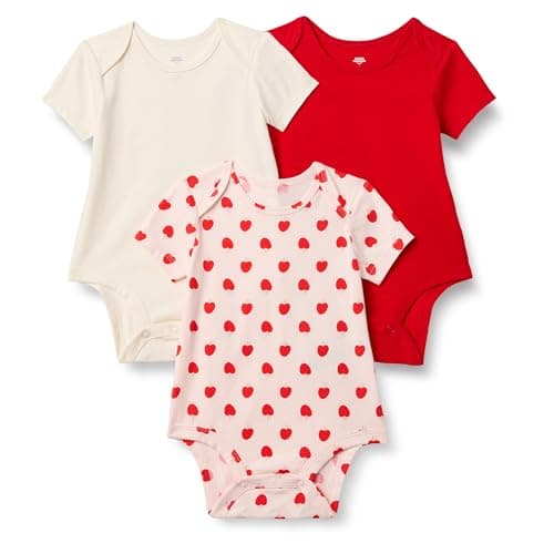 Amazon Essentials x Sofia Grainge Unisex Babies' Short Sleeve Crewneck Bodysuit, Pack of 3, Ivory/Red/Apple Hearts, 6-9 Months