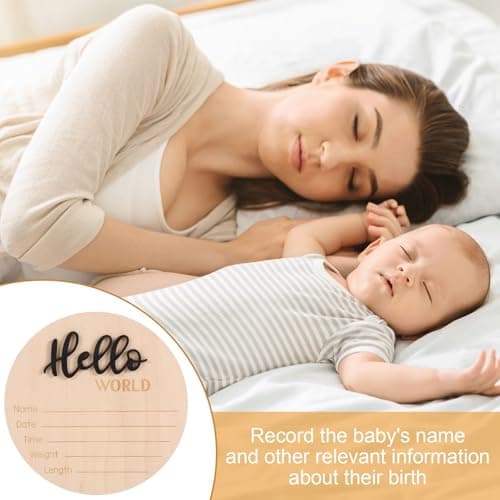 Newborn Announcement Sign with Pen, 5.9in Wooden Hello World Baby Welcome Sign for Newborn Boys and Girls Photo Props Baby Shower Hospital Nursery (Black) — view 5