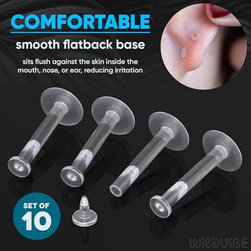 WildVibe 16g Clear Earrings for Sports, Work, Surgery - Bioflex Plastic Earrings Tragus Piercing Jewelry Clear Labret Retainer Piercings 10pc Set - Plastic Stud Earrings for Cartilage Helix Tragus Lip Medusa Monroe - 8mm (5/16) — view 2
