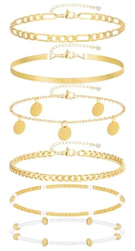 FAXHION Gold Ankle Bracelets for Women Waterproof, layered Coin Bead Cuban Link Chain Adjustable Anklets Set, Summer Boho Anklet Beach Jewelry Gift for Women — view 7