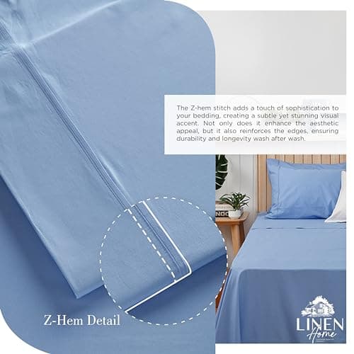 Linen Home 100% Cotton Percale Sheets Queen Size, Baby Blue, Deep Pocket, 4 Pieces Set - 1 Flat, 1 Deep Pocket Fitted Sheet and 2 Pillowcases, Crisp Cool and Strong Bed Linen — view 2