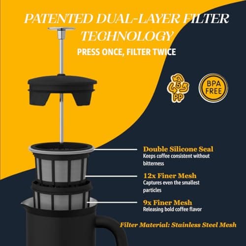 ESPRO Pro P7 French Press Stainless Steel 304 – Patented Double Walled Micro-Filter Insulated French Press Coffee Maker, Grit-Free Brew - Heat Resistant BPA Free - Matte Black - 18oz — view 3