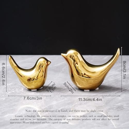 2Pcs Gold Ceramic Bird Figurines, Shiny Metallic Decorative Bird Sculptures for Home, Shelf, Desk, Table, Holiday and Party Decor, Premium Gift for Living Room Bedroom Office