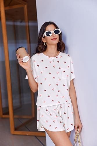 Ekouaer Womens Cherry Pajama Sets Sexy Lounge Sets Side Split Short Pj Sets Cute Pjs 2 Piece Comfy Sleepwear Loungewear Little Cherry Large — view 4