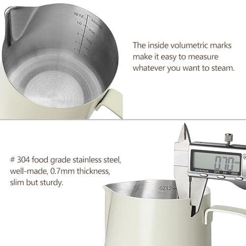 HOOMIL Milk Frothing Pitcher, 12oz/20oz/32oz Stainless Steel Steaming Pitcher Barista Milk Frother Cup Jug for Espresso Machine Coffee Cappuccino Latte Art - 12oz, Matte White — view 3