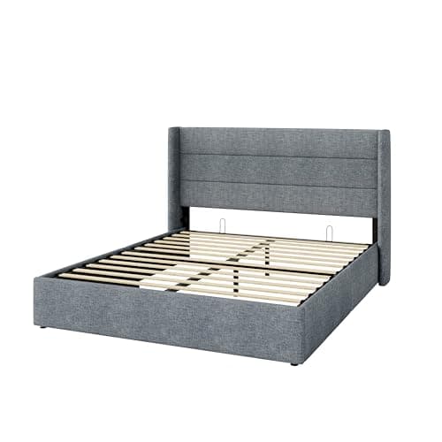 Allewie Queen Size Lift Up Storage Bed, Modern Wingback Headboard, Hydraulic Support, No Box Spring Needed, Grey Blue — view 8