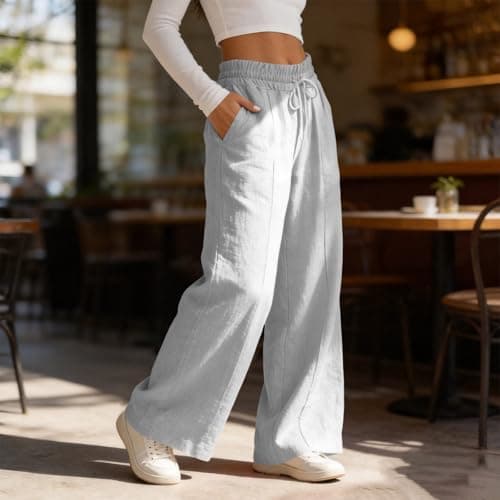Rseomihvy Women's Cotton Linen Pants Summer Straight Wide Leg Trousers Drawstring Elastic Waist Loose Beach Vacation Outfits Gray — view 2