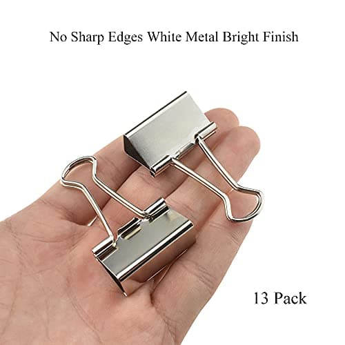 HAHIYO Binder Clips Paper Clamps Spring Steel Sturdy Medium 1.26 inches Width 0.39 Inch Capacity No Sharp Edges Heavy Duty Tight Grip Reusable Silver Metal Bright Finish for Home Office School 13 Pack — view 6