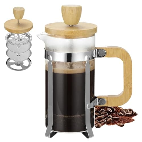 Toyosport French Press Coffee Maker, 12 oz Thick Borosilicate Glass Tea Brewing Pot with Stainless Steel Filter and Wood Handle, Coffee Press for Home Office Travel