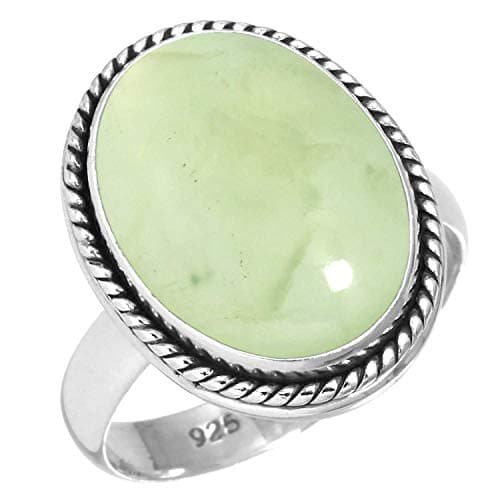 JEWELOPORIUM Green Prehnite Silver Ring Size 11, 925 Sterling Silver Ring for Women, Genuine Chunky Oval Stone Boho Jewelry