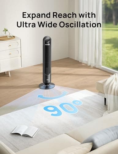 DREO Tower Fan for Bedroom, 90° Oscillating Standing Fans for Room with 4 Speeds, 3 Modes, 28dB Quiet for Sleep, 26ft/s Velocity, 8H Timer, Remote, Living Room, Office, Home, Black — view 4