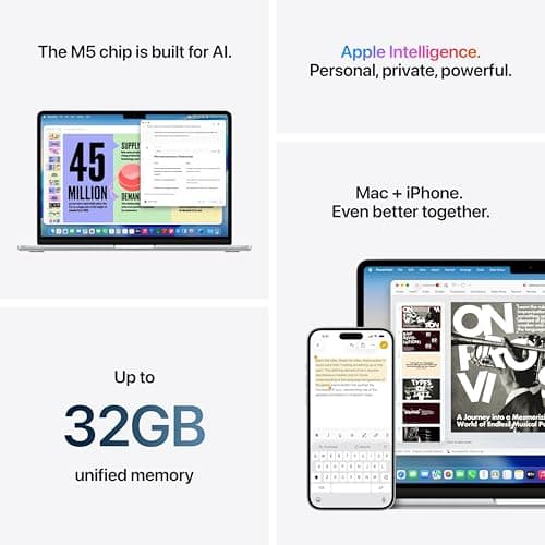 Apple 2026 MacBook Air 15-inch Laptop with M5 chip: Built for AI, 15.3-inch Liquid Retina Display, 16GB Unified Memory, 512GB SSD, 12MP Center Stage Camera, Touch ID, Wi-Fi 7; Midnight — view 7