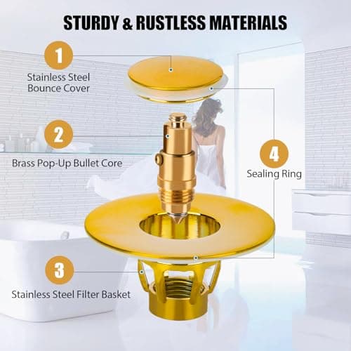 Three colors Bathroom Sink Stopper, 1.1-1.5" Bathroom Sink Drain Strainer, Universal WashBasin Pop Up Drain Stopper, Bounce Core Push Type Sink Plug, Anti-Clogging, Stainless Steel (Gold,1PCS) — view 5