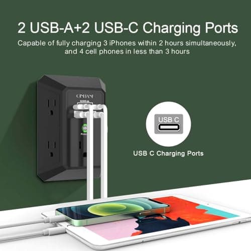 USB Wall Charger, Surge Protector, QINLIANF 5 Outlet Extender with 4 USB Charging Ports(2U2C) 3-Sided 1680J Power Strip Multi Plug Outlets Wall Adapter Spaced for Home Travel Office,Black — view 3