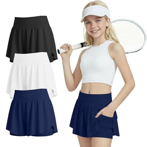 LessonZoo 3 Pack Girls Athletic Shorts Flowy 2 in 1 Skorts Quick Dry Tennis Shorts with Pockets, Back to School Sports Wear(Black, White, Navy Blue,11-12 Years)