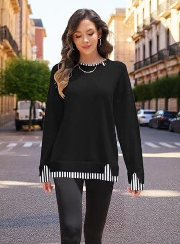 Disamer Womens Sweaters Fall Clothes Fashion 2026 Cowboy Chic Knit Cozy Sweater School Teacher Outfits Long Sleeve Pullover,Striped Black,Medium — view 6