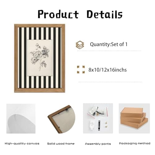 Black and White Floral Wall Art Framed Canvas,Vintage Botanical Sketch Print, Minimalist Striped Modern Farmhouse Wall Decor for Living Room Bedroom Bathroom Kitchen 8x10inch — view 5