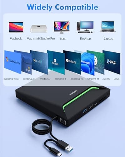 New External CD DVD Drive, Cool DVD Burner USB 3.0 with Ethernet Adapter, 3 USB and 2 TF/SD Card Ports, CD DVD Player Reader Writer Optical Disc Drive for Laptop MacBook PC Windows Linux Mac OS — view 5