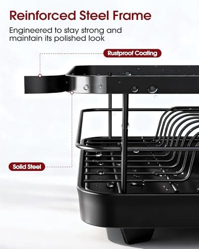 Sakugi Dish Drying Rack - Compact Dish Racks with Drain Board for Kitchen Counter, Durable Stainless Steel Dish Rack Used in Sink & on Countertop, Dark Black, Large — view 5