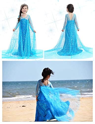 Luxury Princess Dress for Girls Costumes Birthday Party with Shining Long Cap Blue 6-7 Years — view 3