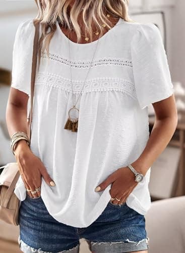 Falechay Womens Summer Blouses Crew Neck Lace Hem Basic Tee Shirts Flowy Chiffon Blouses Clothing for Women White L — view 3