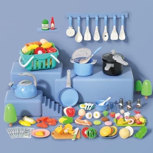 130Pcs Kitchen Playset, Toddler Pretend Cooking Play Pots, Pans, Utensils Cookware, Daily Food Fruit Veges, Shopping Storage Basket, Dessert, Prop Money, Learning Gift for Child (Blue) — view 2