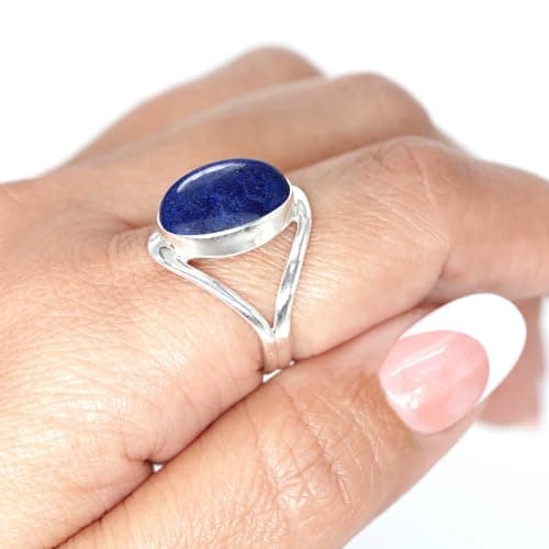 JEWELOPORIUM Blue Lapis Lazuli Silver Ring Size 7.5, 925 Sterling Silver Ring for Women, Real Oval Stone Boho Jewelry