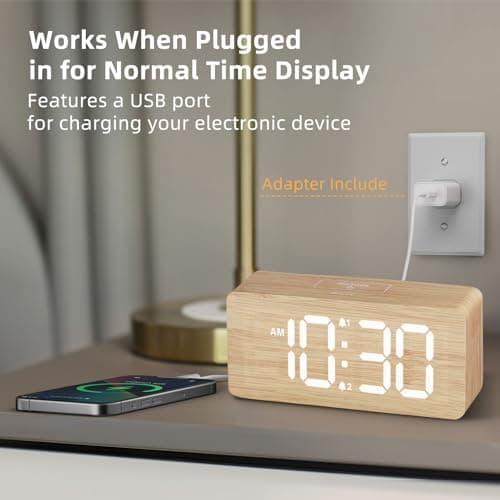 Wooden Digital Alarm Clocks for Bedrooms: Dimmable Dual Alarm Clock with Large Numbers for Bedside Desk - Bamboo — view 2