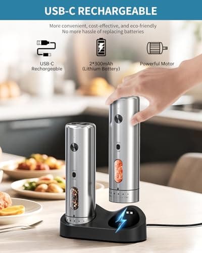 CIRCLE JOY Electric Salt and Pepper Grinder Set with Rechargeable Base Upgraded Stainless Steel Automatic Salt and Pepper Shakers with 2 Grinding Speeds, External Adjustment and 110ml Capacity, Silver — view 3