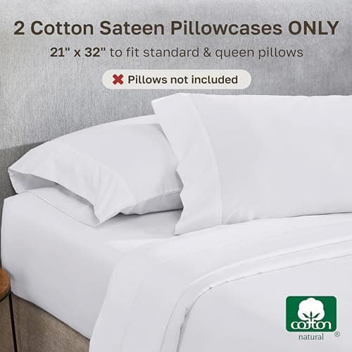 California Design Den Standard Queen Size Pillowcase Set - 400 Thread Count, 100% Cotton Sateen, Set of 2 Pillow Covers, Soft and Breathable - Bright White — view 2