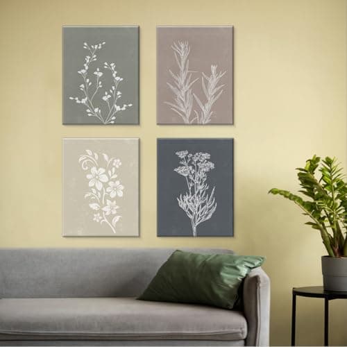 Set of 4 Vintage Boho Botanical Wall Art Print Minimalist Canvas Painting Artwork Aesthetic Wall Decor for Home Farmhouse Living Room Bedroom 8x10 Framed — view 3