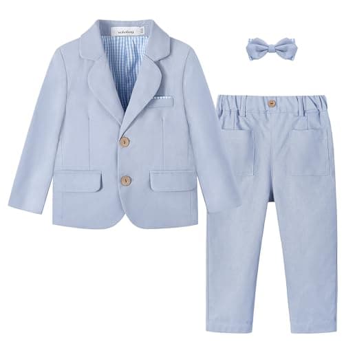 Volunboy Toddler Boy Clothes Baby Linen Tuxedo Suit Set Boys Blazer Pants Bowtie Dress Clothes (LightBlue, 4-5T)