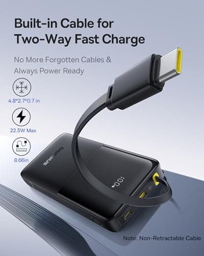 Baseus Portable Charger, 10000mAh Fast Charging Power Bank, 22.5W PD3.0 QC3.0 Battery Pack Built-in USB C Braided Cable, Travel Essentials for iPhone 17 16 15, iPad, S25/S24, Indoor/Outdoor, Travel